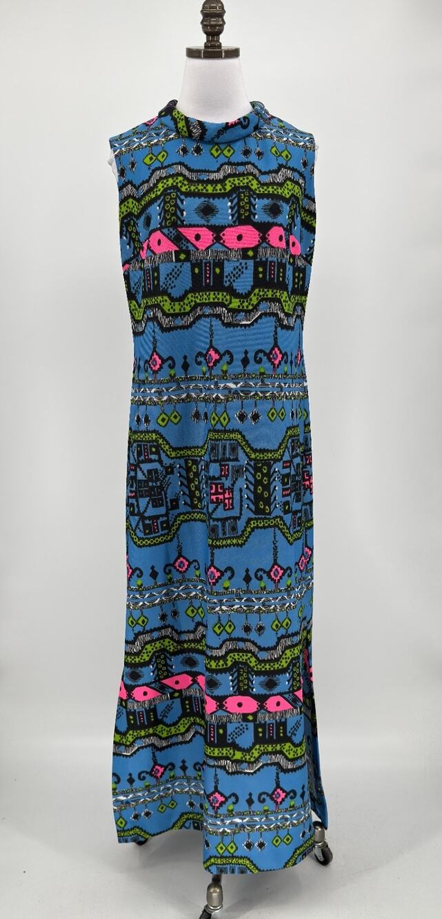 Vintage 1960s Damon Fashion Psychedelic Geometric Sleeveless Maxi Dress